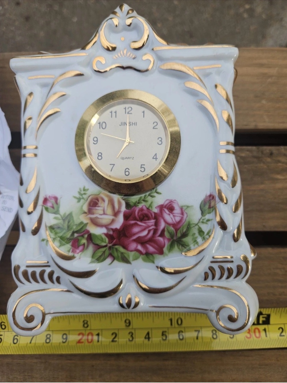 Vintage Porcelain Rose Mantel Clock | Gold Gilt | Quartz Shelf Clock